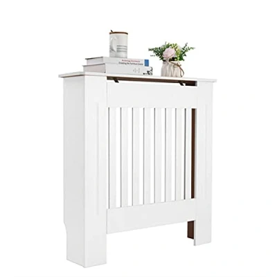 Image of JAOSY Small, White Matte Vertical Radiator Cover, Cabinet, Slatted Design, Cover Modern MDF, for Office Hallway Living Room Bedroom Fashionable Shelf