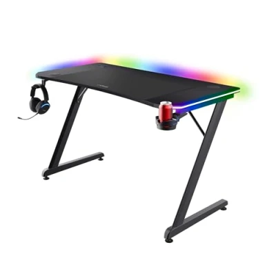 Image of Trust Gaming GXT 710 Luminus Pro Desk 120x60 with LED RGB, 10 Colour Modes, Built in 10W Wireless Charger, Computer Cup Holder, Headset Hook, Table for Office Study, Black