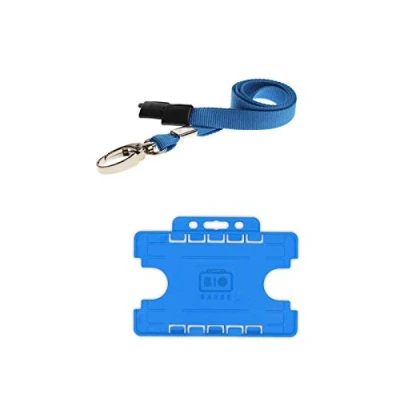 Image of ID Card It Holder Double Sided and Neck Strap Lanyard (Blue Metal Clip)