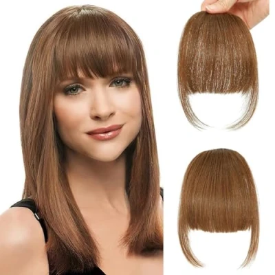 Image of Clip in Neat Bangs 100% Real Human Hair Fringe Thin On Hairpiece Air With Temple Wispy Extensions for women (Light brown, Bangs)