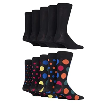 Image of SockShop Mens Plain, Striped and Patterned Bamboo Socks Pack of 10 Black Plain/Black Jewel Dots 7 11