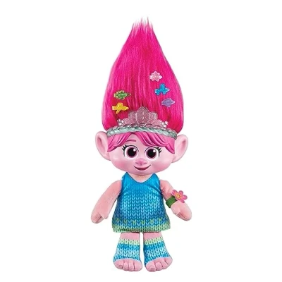 Image of Mattel Trolls Band Together Plush Toy, Hair Pops Showtime Surprise Queen Poppy Soft Doll with Lights, Sounds, 1 &amp; 3 Accessories, HTM14