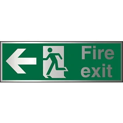 Image of Seco Fire Exit Arrow Pointing Left, Man Running Sign, 300mm x 100mm 1.5mm Brushed Aluminium Composite