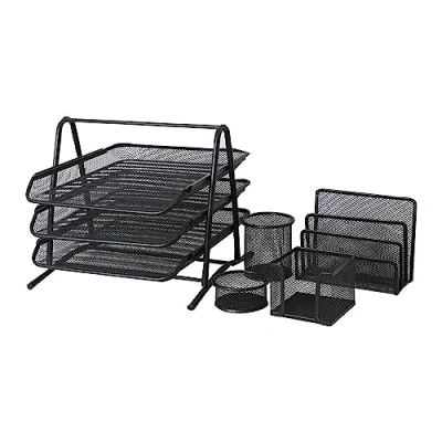 Image of ARA CHOICE Desk Tidy Organiser Set Office Organisers 3 Tier A4 Paper Tray Pen Pot Letter Trays Storage with Magazine Holder for Supplies (Black)