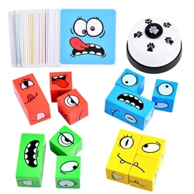 Image of LADVATKIN Wooden Face Changing Magic Cube Game, Expression Puzzle Building Blocks Pattern Matching Educational Puzzles Toy Board Games for Kids and Adults with Bell