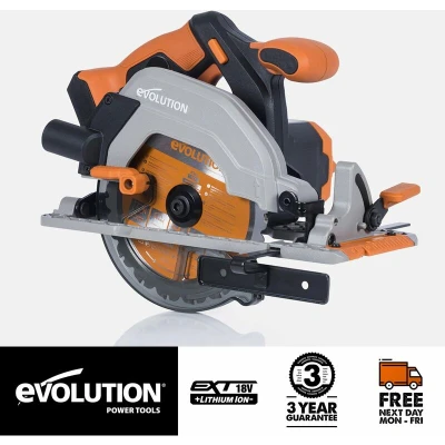Image of Evolution Power Tools R165CCS Li Circular Saw Cordless 18v Lithium Ion EXT Includes 165mm Multi Material Blade, Cuts Wood, Metal, Plastic, Bevel Tilt for Angled Battery &amp; Charger Included