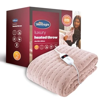 Image of Silentnight Comfort Control Heated Throw Blanket Luxury Fleece Electric Overblanket for Sofa Bed with 9 Heat Settings, Fast up and Safety Shut Off Machine Washable 120x160cm Blush