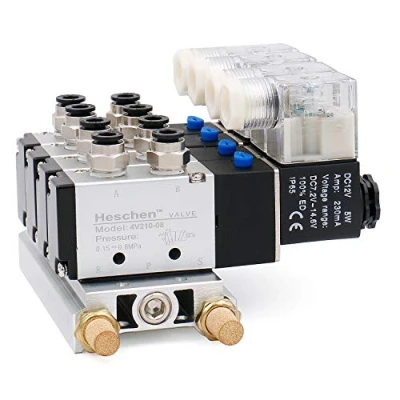 Image of Heschen Electrical Pneumatic 4 Solenoid Valve 4V210 08 DC 12V PT1/4 5 Way 2 Position Manifold Base Muffler Quick Fittings Set