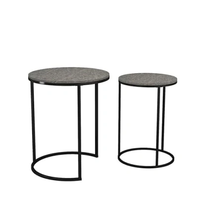 Image of URBNLIVING 2 Pcs Round Nesting Stacking Sofa Side Bedside End Tables Set Black Marble Wooden Top with Metal Leg Modern Space Saving Accent Coffee Tea for Living Room Bedroom Office