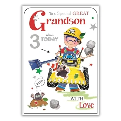 Image of Great Grandson 3rd Birthday Card Age 3 Special Cartoon Digger and Mole Design Finishes Made in the UK Eco Friendly