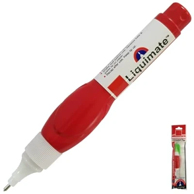 Image of LIQUIMATE Shake n Squeeze Precision Correction Pen, WHITE Fluid, 7ml, Pack of 1, Fine Needle Metal Tip, Quick Drying, Squeezable Barrel, iZOFAX Black Ball Pen
