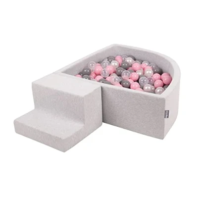 Image of KiddyMoon Foam Playground For Kids With Quarter Angular Ballpit (100 Balls) Obstacle Course, Lightgrey:Pearl/Grey/Transparent/Powderpink