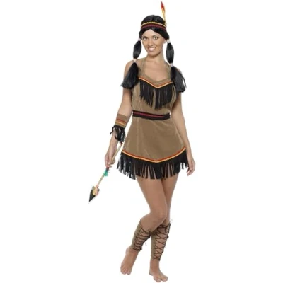 Image of Smiffys Native American Inspired Woman Costume, Brown with Dress, Belt, Headband, Armband and Leg Cuffs, Cowboys Indians Fancy Adult Dress Up Costumes