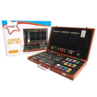 Image of Create Wooden Art Set (80 Piece) Deluxe Junior Creativity Box for Colouring, Drawing and Sketching, Gift Beginners, Artists, Adults, Teens