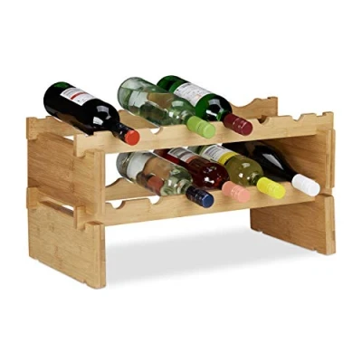 Image of Relaxdays Stackable Wine Rack, Bamboo Holder for 12 Bottles, Extendable, 2 Tier, Natural