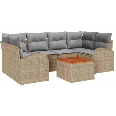 Image of vidaXL 7 Piece Garden Sofa Set with Cushions Beige Poly Rattan Acacia