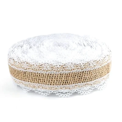 Image of G2PLUS Jute Trim Burlap Ribbon 10M Hessian with Lace 2.5CM Natural Fringe Tape for Vintage/Rustic Themed Wedding Craft