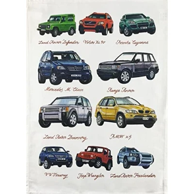 Image of Half a Donkey Handrawn Classic 4 x Cars Large Cotton Tea Towel