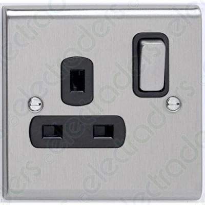 Image of Deta SD1207SSB Switched Socket Outlet 13 Amp 1 Gang (Stainless Steel/Black Insert)