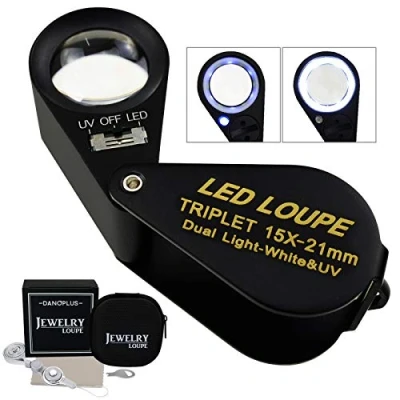 Image of 15x Magnifier Jewelry Loupe LED UV Light 21mm Triplet Lens Optical Glass Pocket Gem Magnifying Tool Jeweller, Stamp Philatelist, Coin Numismatic