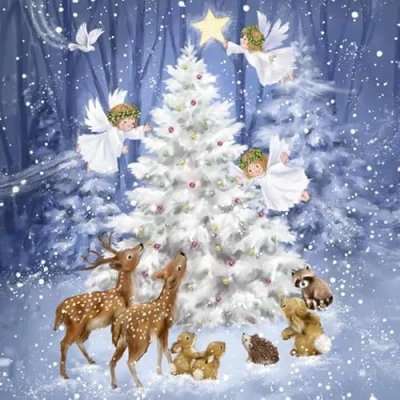 Image of 20 Napkins Christmas Magic Tree with Angel and Animals as Table Decoration Paper Motif for Winter Also Decoupage 33 x cm