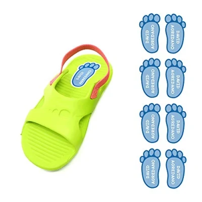 Image of Shoe Labels for Kids Personalised Stickers with Foot Print 21 x 37&#039;5 mm. (8 Pairs). Model: 1. Light Blue