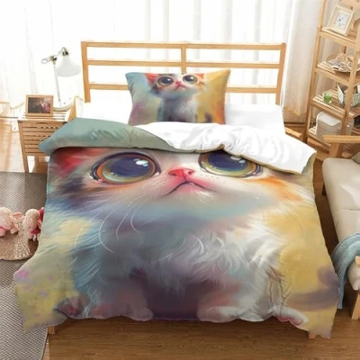 Image of GUYDZOOM Cute Cat Duvet Cover Set Bedding 3D Microfiber Comforter with Pillow Shams, 2 Piece Set, Zipper Quilt Single（135x200cm）