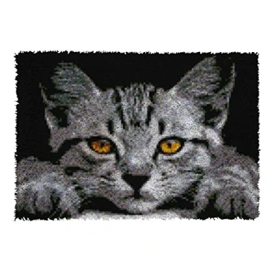 Image of VIONNPPT Cute Cat Latch Rug to Knotting Yourself, DIY Embroidery Cushion Rug, Unfinished Crochet Set with Pre Print, Hook Kits for Children and Adults (Grey Cat, 50 cm x 38 cm)