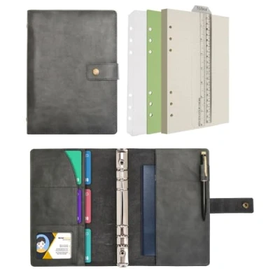 Image of Wonderpool Leather Diary Refillable Notebook Spiral Journal Binder Portfolio A5 Dot Grid Paper &amp; Inner Pockets for Travel Work and Personal Organizer (Grey, A5)