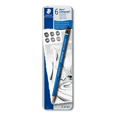 Image of STAEDTLER 100 G6 Mars Lumograph Graphite Pencils for Drawing and Sketching Assorted Degrees, 8B HB (Tin of 6), Silver/Blue