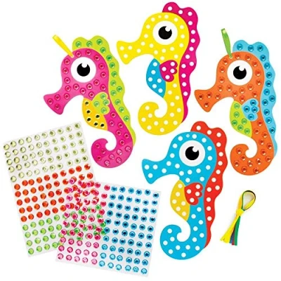 Image of Baker Ross FE253 Seahorse Diamond Art Kits Pack of 4, Make Your Own Picture Kit, Creative Activities for Kids, Self Adhesive Gems Set