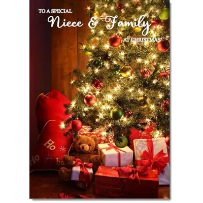 Image of doodlecards Niece &amp; Family Christmas Card Teddy by Tree Medium Size with Plain Envelope