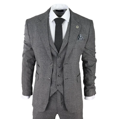 Image of Mens Grey 3 Piece Suit Prince of Wales Check Classic Tailored Fit Wedding 42