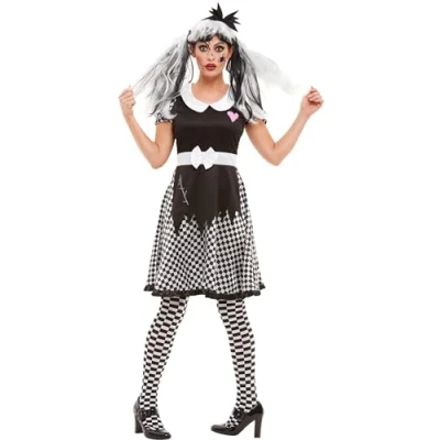 Image of Smiffys Broken Doll Costume, Black with Dress &amp; Headband, Halloween Twisted Fairytale Fancy Dress, Up Costumes