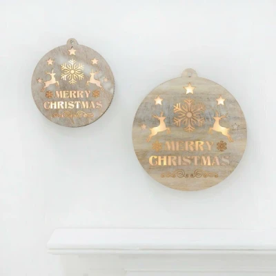 Image of Mr Crimbo Round Wooden Merry Christmas Light Up Hanging Decoration With Warm White LED Lights Home Festive Xmas Wall Decor 18cm