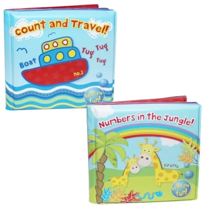 Image of Baby Bath Books Set of 2 Plastic Coated Fun Educational Learning Toys for Toddlers &amp; Kids Time Picture Book Babies (Jungle Numbers/Count and Travel 1509)