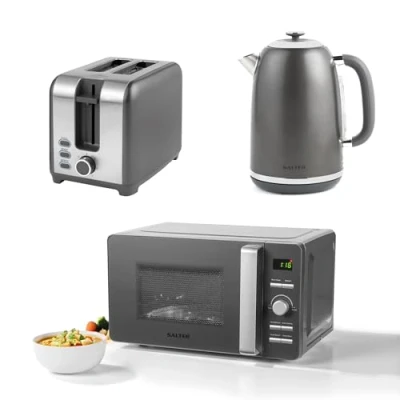 Image of Salter COMBO 8841 Cosmos Matching Kitchen Countertop Set, Rapid Boil, 1.7 L, 3kW Kettle, 2 Slice Toaster, 7 Variable Browning Levels, 20L Digital Microwave, 800W, Black