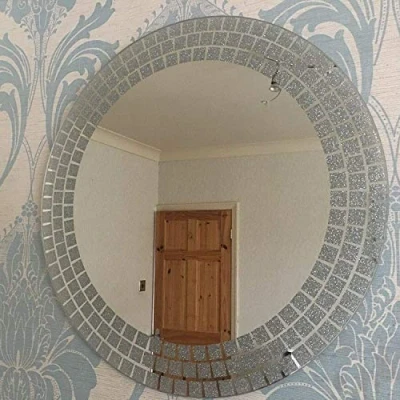 Image of Biznest Large Round Wall Mounted Mirror Frame Less Bathroom Living Room Square Glitter Corner 50Cm