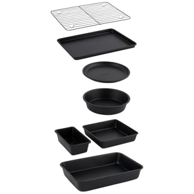 Image of Salter BW12572EU7 Bakes Stackable 7 Piece Bakeware Set Non Stick With Baking Tray, Cake Tin, Tart Loaf Pan, Brownie Roasting Cooling Rack, Compact Storage, PFOA Free, Oven Safe, Black