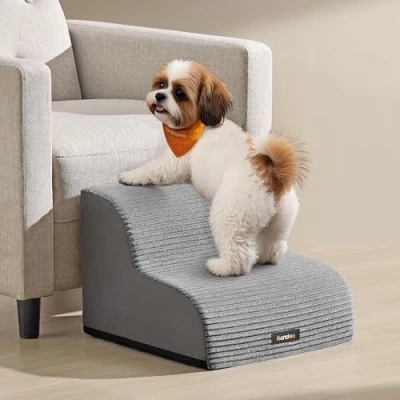 Image of Feandrea 2 Step Dog Stairs, Steps for Bed, Sofa, Waterproof Pet Stairs with Anti Slip Designs, Gentle Slope, Removable Washable Cover, Handle, Dove Grey PPS002G01