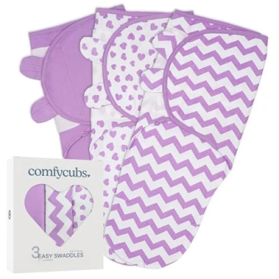 Image of Comfy Cubs Baby Blanket, Swaddle Blanket 0 3 months, Newborn Essentials, Infant Sleep Sack Wrap, 100% Breathable Cotton, Boy Girl, Adjustable Pack (Purple, Small Medium)