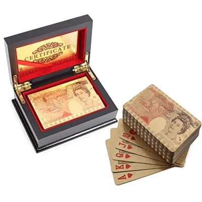 Image of VIROSA 50 Pound Playing Cards 24k Carat Gold Plated Poker Includes Deluxe Wooden Gift Box, Ideal for Family, Magic Party Game