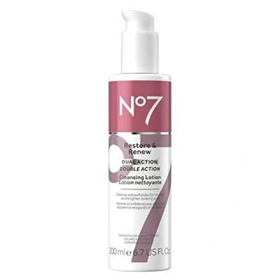 Image of No7 Restore &amp; Renew Dual Action Cleansing Lotion Facial Cleanser Exfoliant with Alpha Hydroxy Acid Makeup Remover for Anti Aging