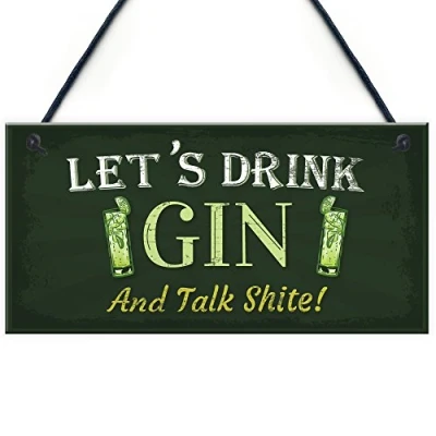 Image of RED OCEAN Let&#039;s Drink Gin &amp; Tonic Funny Alcohol Gift Man Cave Home Bar Hanging Plaque Pub Sign
