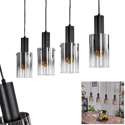 Image of Sambour Pendant Light, Hanging Light Made of Metal/Glass in Black/Smoke/Clear, Retro/Vintage Design with Glass Shades (Ø 12.5cm), 4 Flame, Height max. 140 cm, x E27, Bulbs not Included