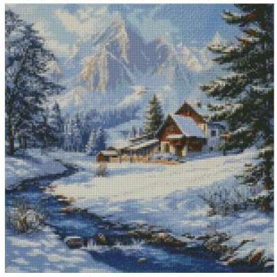 Image of Countryside in Snow Cotton Cross Stitch Kits, 14ct,150x150stitch, 26x26cm, Winter Landscape Counted kit