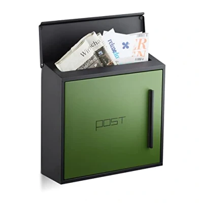 Image of Relaxdays Din A4 Slot Steel Modern Letterbox in 2 Colour Design, Black/Green, 12.5 x 35 33 cm