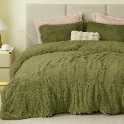 Image of Sacebeleu Winter Bed Linen 135 x 200 cm Plush Long Hair Fluffy Flannel Flannelette Duvet Cover Avocado Green Warm and 1 Pillowcase 80 with Zip
