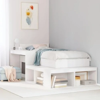 Image of vidaXL Bed Frame with Headboard Home Base White 90x200 cm, Solid Pinewood, Modern Style, Storage Shelves, Breathable Slatted