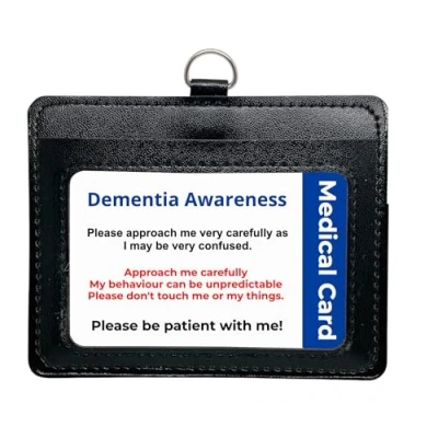 Image of Dementia Disability Awareness Card, in a Quality Black PU Leather Holder with Lanyard for Best displaying Your Card Rear Pocket Medical or Contact Details.